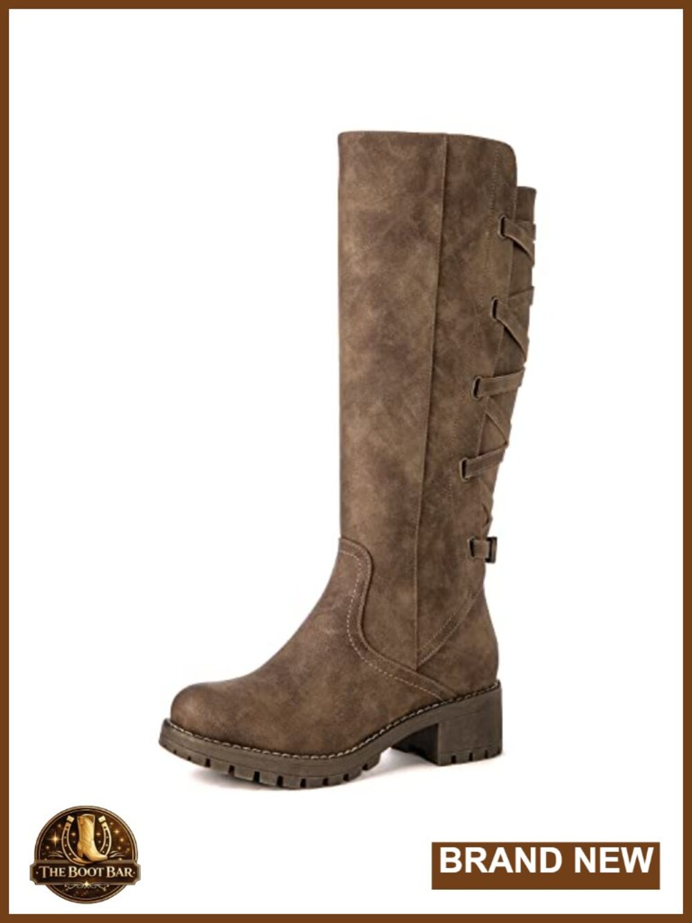 Knee High Motorcycle Boots Strappy Back Lace Up Faux Leather Zip Low Heel